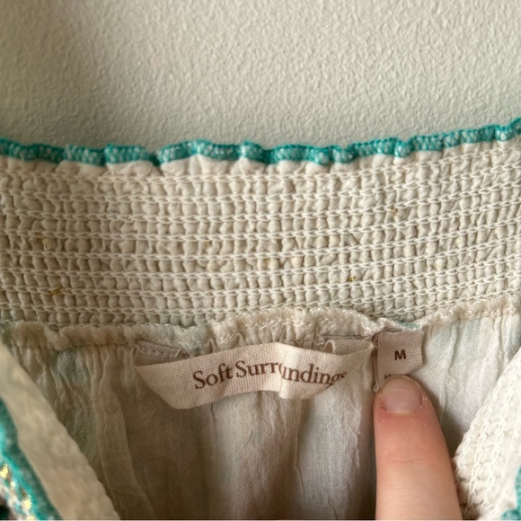 Soft Surroundings Aegean Tiered Boho Maxi Dress Metallic Gold Aqua Blue Cream M - Picture 8 of 11